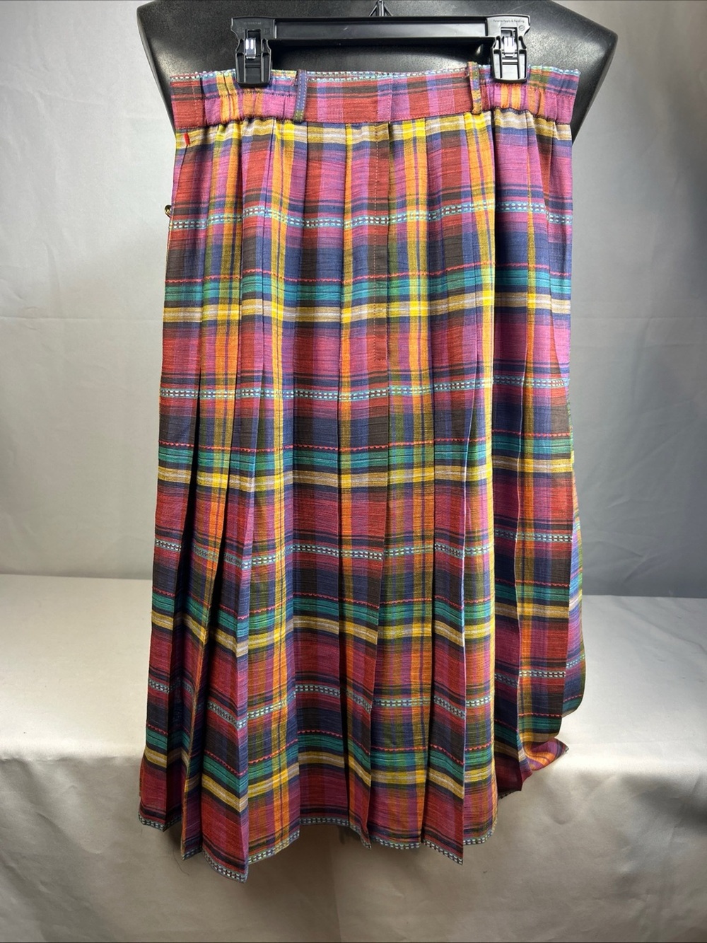 Vtg 80s Dormeuil Plaid Pleated Maxi Skirt Gold Shield Buttons Japan Academic M